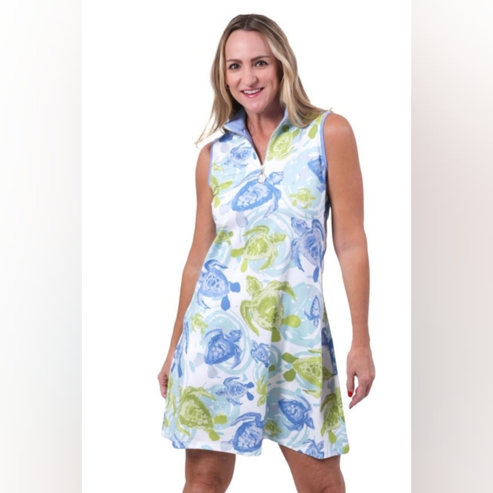 ANA CLARE | Lexi Tropical Sea Turtle Print Activewear Swing Dress Swim Cover | S